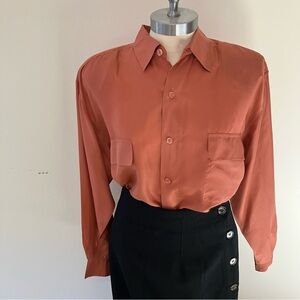 VTG Women’s SZ. M Rose Pink Silk Blouse Button Front Pockets Long Sleeve Preppy